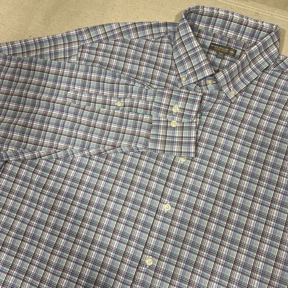 Peter Millar Summer Comfort Purple Teal Plaid  Shirt Mens 2XL Stretch‎ Golf